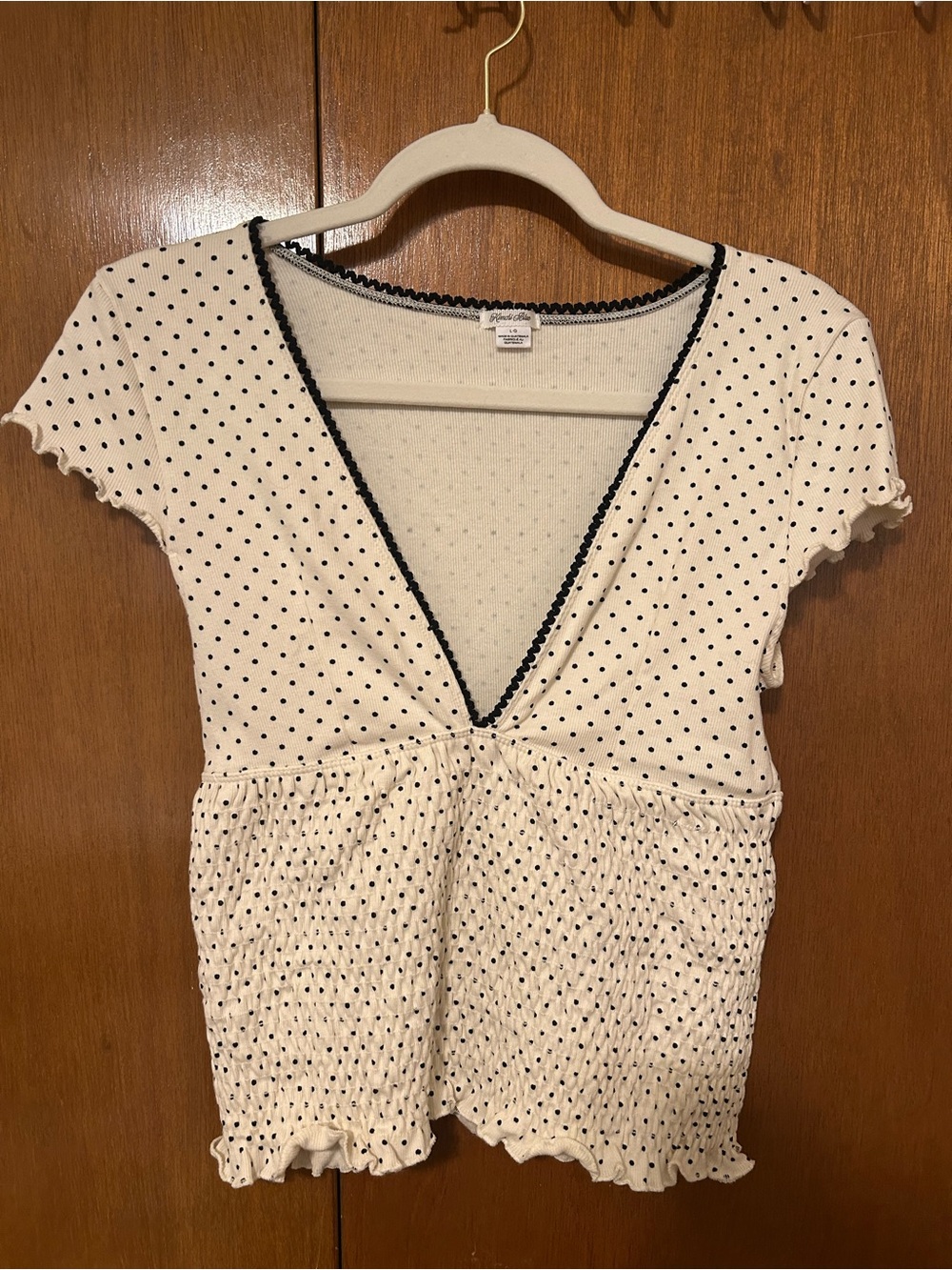 Urban Outfitters Cream Polka Dot Smocked V-Neck Tee with Black Trim